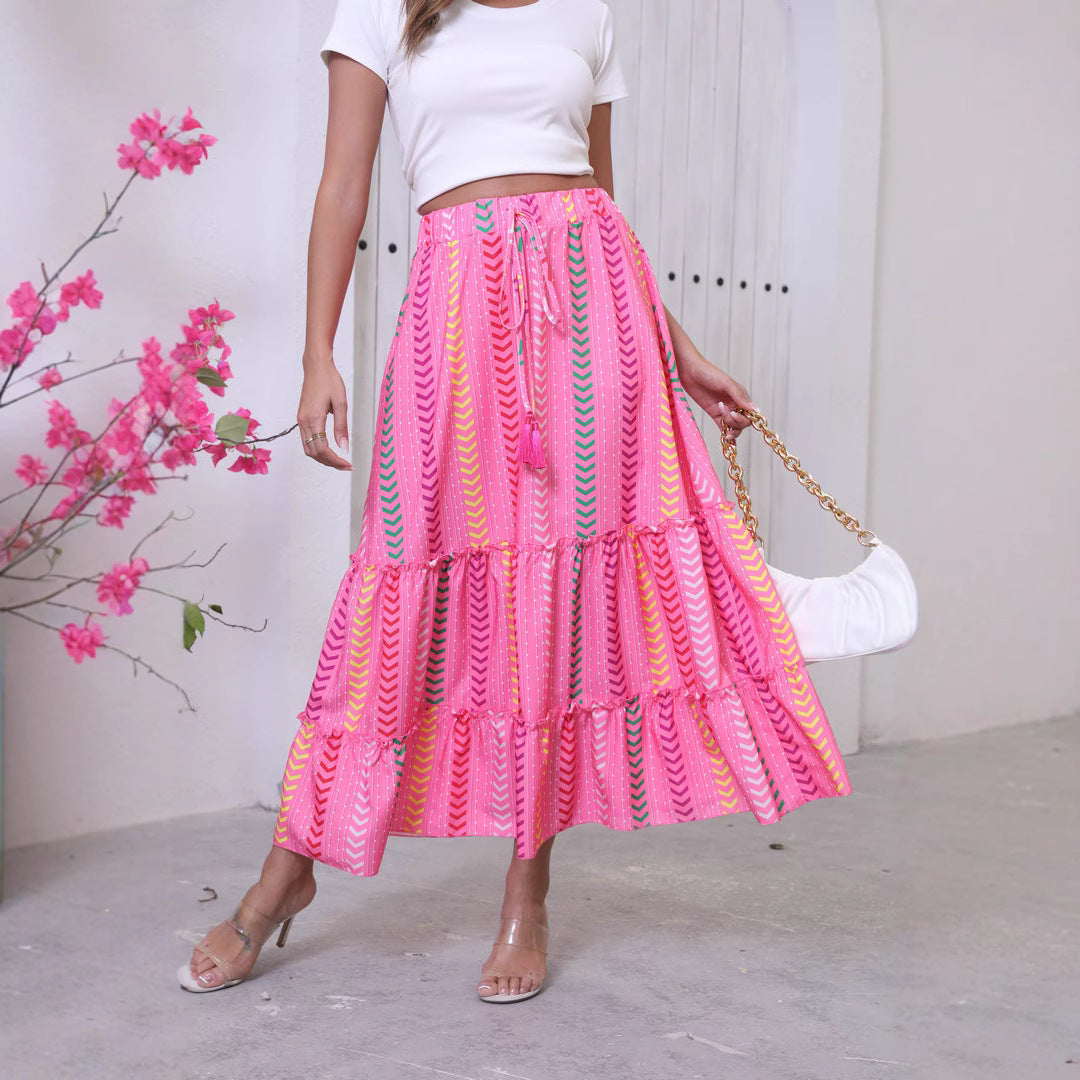 Jupe longue femme – Coupe fluide – Style bohème – Taille lien à pampilles – Coton