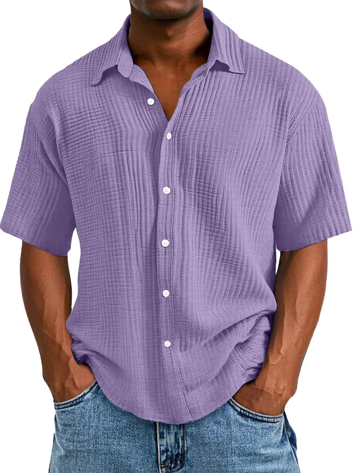 Chemise manches courtes homme – Coupe décontractée – Tissu froissé respirant – Col classique