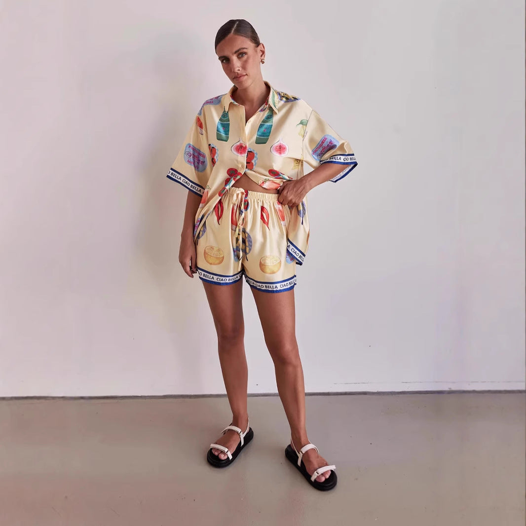 Ensemble loungewear femme – Coupe décontractée – Chemise et short à cordon