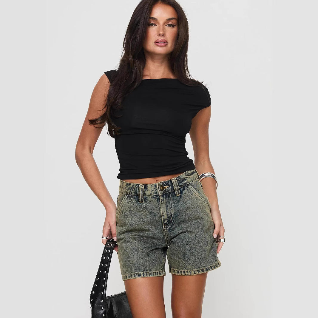 Short en jean femme – Coupe décontractée – Taille mi-haute – 5 poches – Mi-cuisse