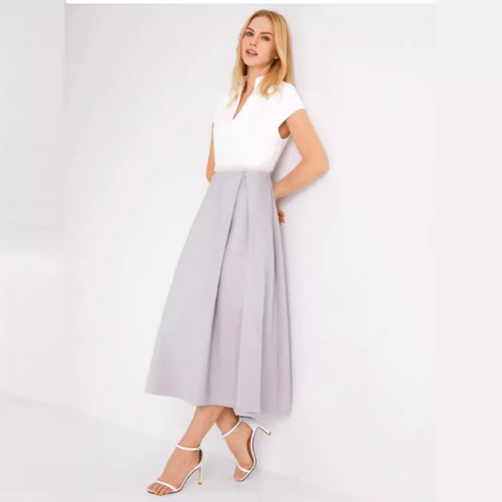 Robe femme midi – Décolleté en V – Manches courtes – Coupe évasée – Taille ornée