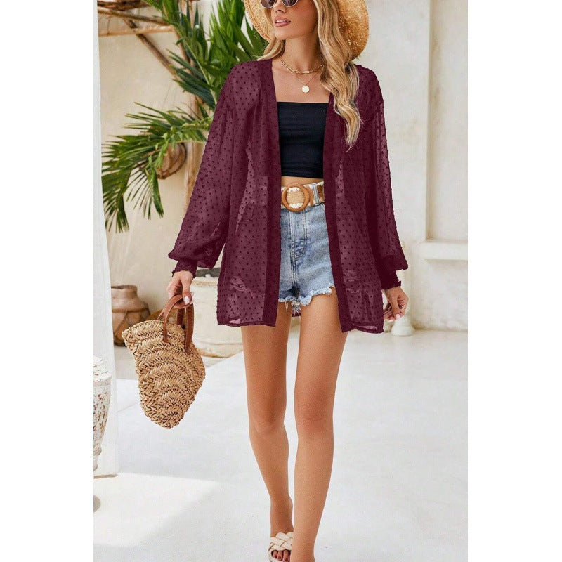 Veste femme – Coupe décontractée – Tissu transparent à pois – Manches bouffantes