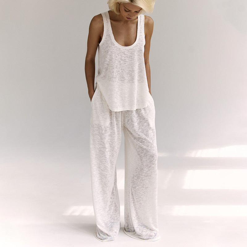 Ensemble décontracté femme – Haut sans manches croisé – Pantalon large fluide coton doux