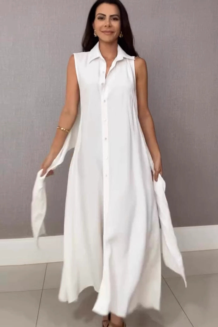 Robe Midi pour Femme - Manches Courtes, Col Chemise, Boutonnée, Ceinture Envelopp