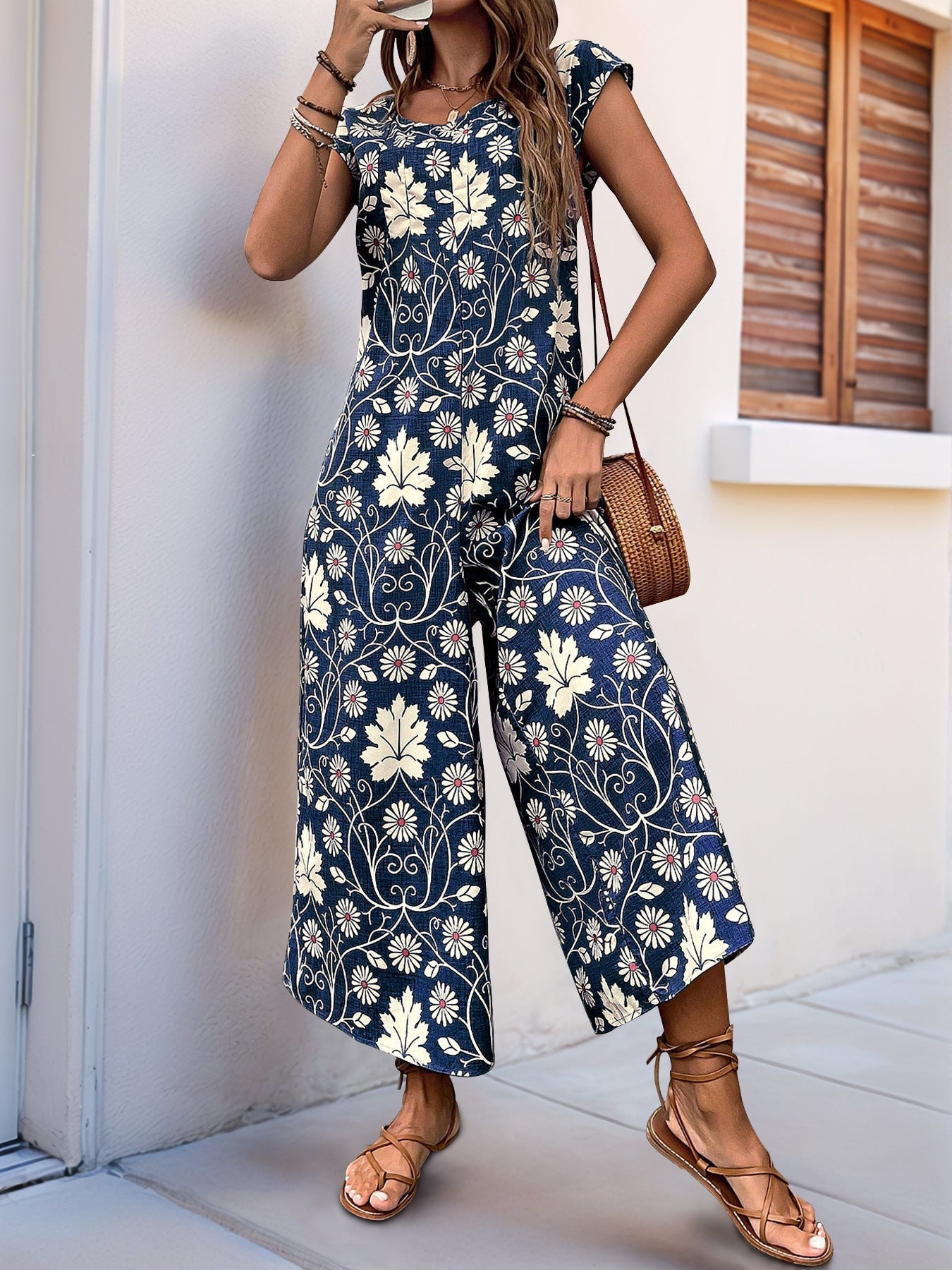 Combinaison femme – Coupe ample – Jambe large – Manches courtes – Imprimé floral