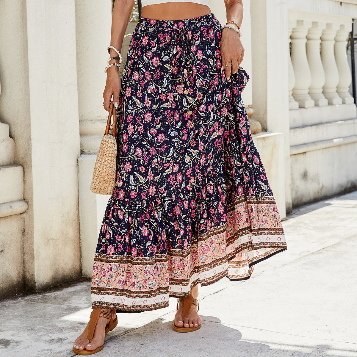Jupe longue femme – Coupe fluide – Style bohème à volants – Imprimé floral – Fibres naturelles