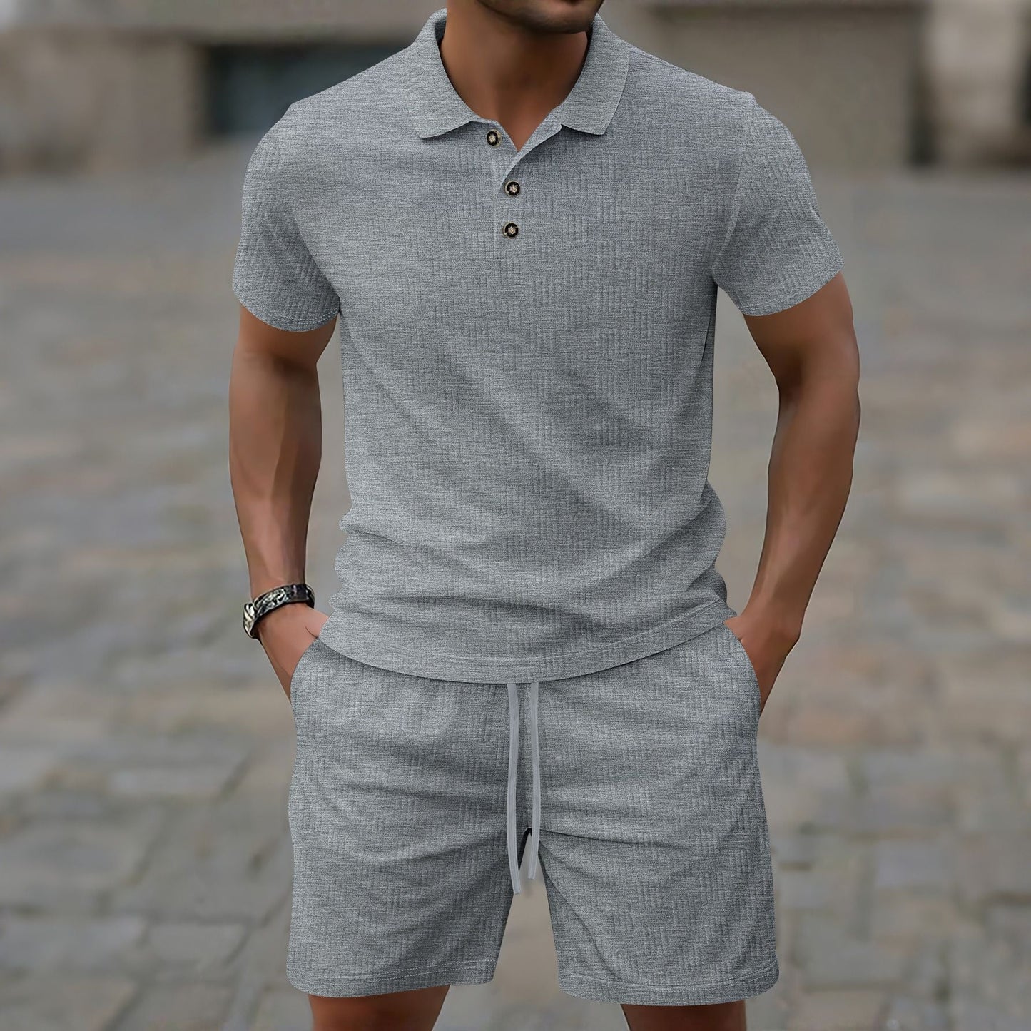 Ensemble décontracté homme – T-shirt à manches courtes – Coupe slim – Motif texturé – Patte boutonnée