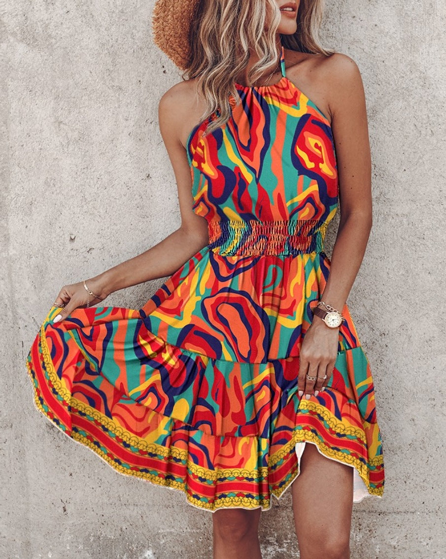 Robe femme halter – Coupe fluide – Coton mélangé – Taille smockée – Longueur midi