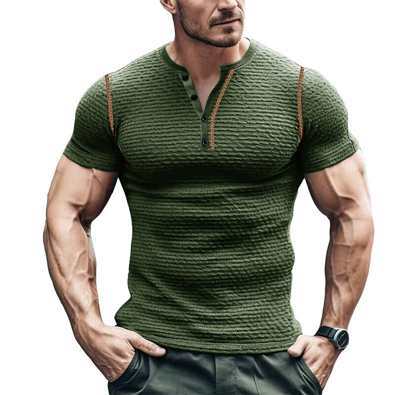 T-shirt Henley homme – Coupe ajustée – Maille gaufrée respirante – Manches courtes