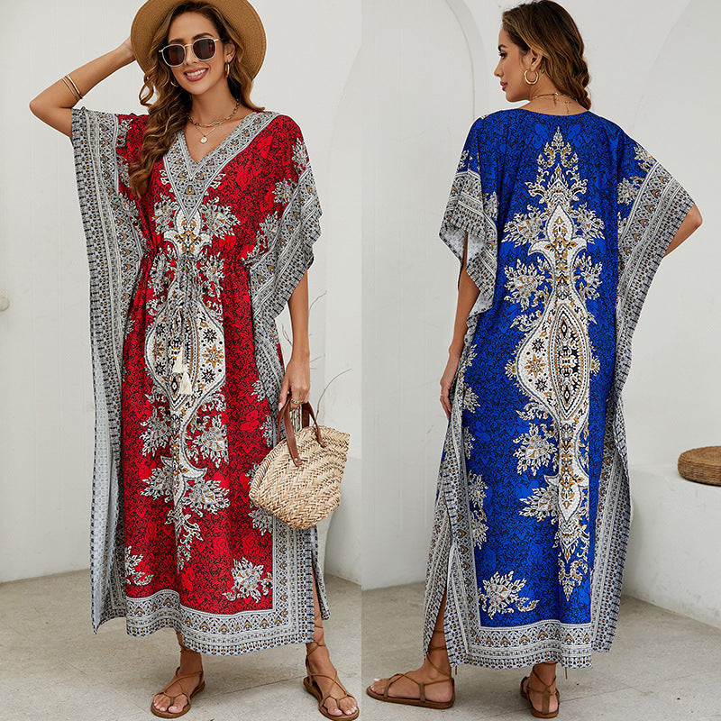 Robe longue femme – Tissu respirant – Coupe fluide – Manches courtes larges – Col en V