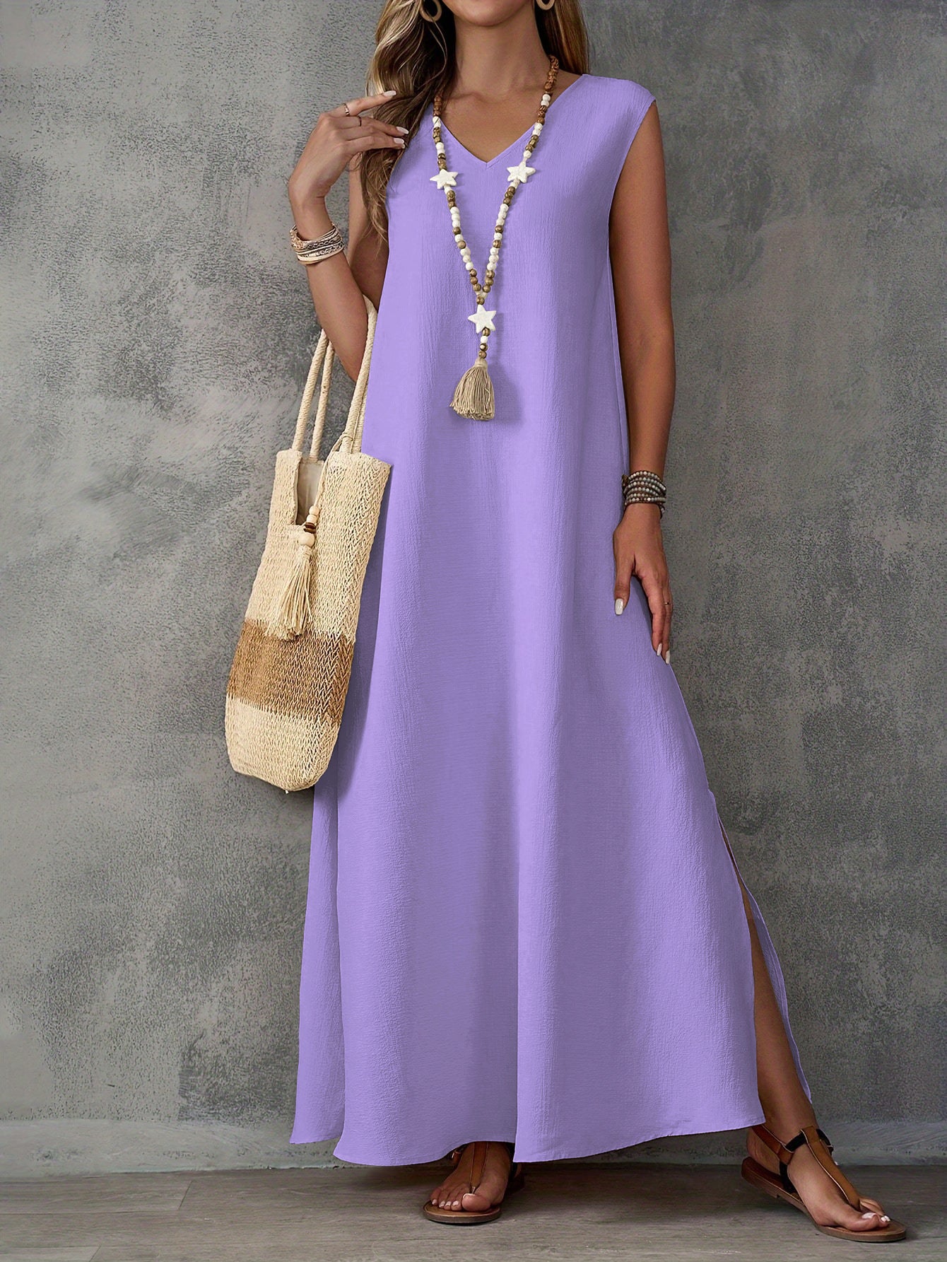 Robe longue femme – Coupe fluide – Décolleté en V – Sans manches – Coton