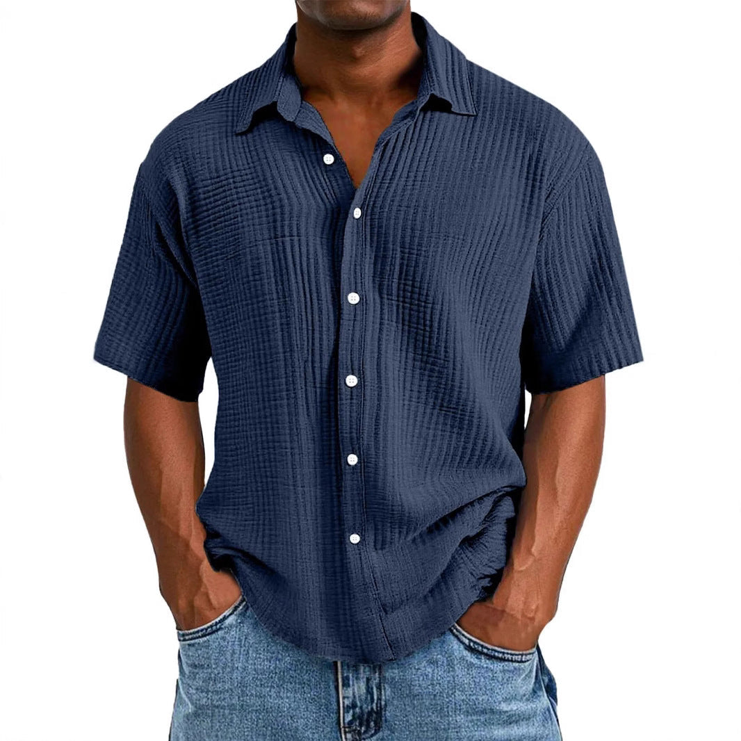 Chemise manches courtes homme – Coupe décontractée – Tissu froissé respirant – Col classique
