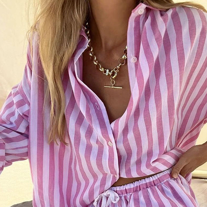 Women's Two-Piece Set – Buttoned Top Loose Fit – Striped Elastic Waist Shorts