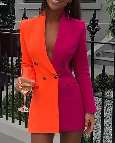 Women's blazer dress – Fitted cut – Two-tone design – V-neck – Long sleeves