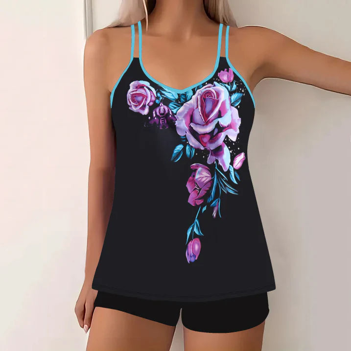 Tankini femme – Ensemble 2 pièces – Décolleté en V – Bretelles fines – Coupe fluide