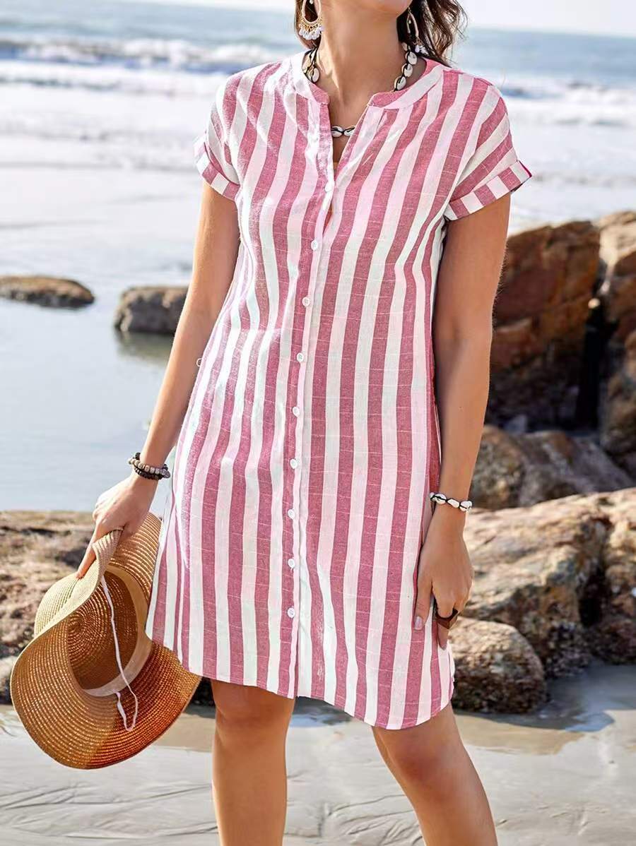 Robe chemise femme – Coupe droite – Tissu respirant – Rayures verticales – Col V