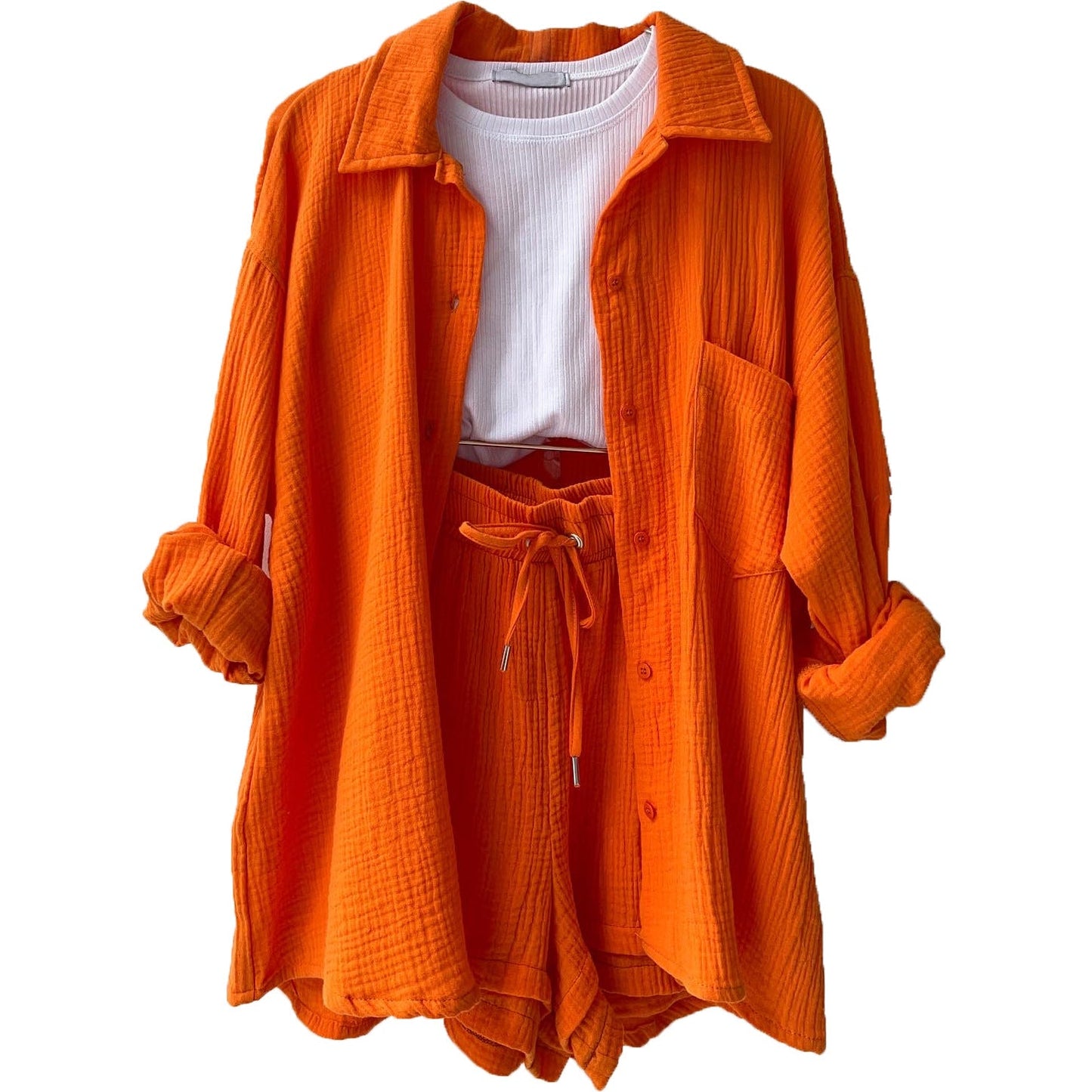 Ensemble short femme – Coupe décontractée – Chemise froissée – Taille haute avec cordon de serrage