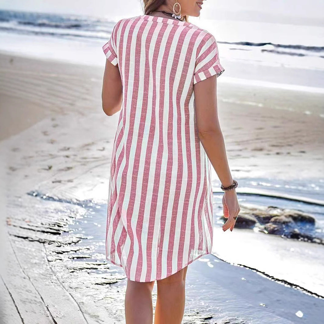 Robe chemise femme – Coupe droite – Tissu respirant – Rayures verticales – Col V