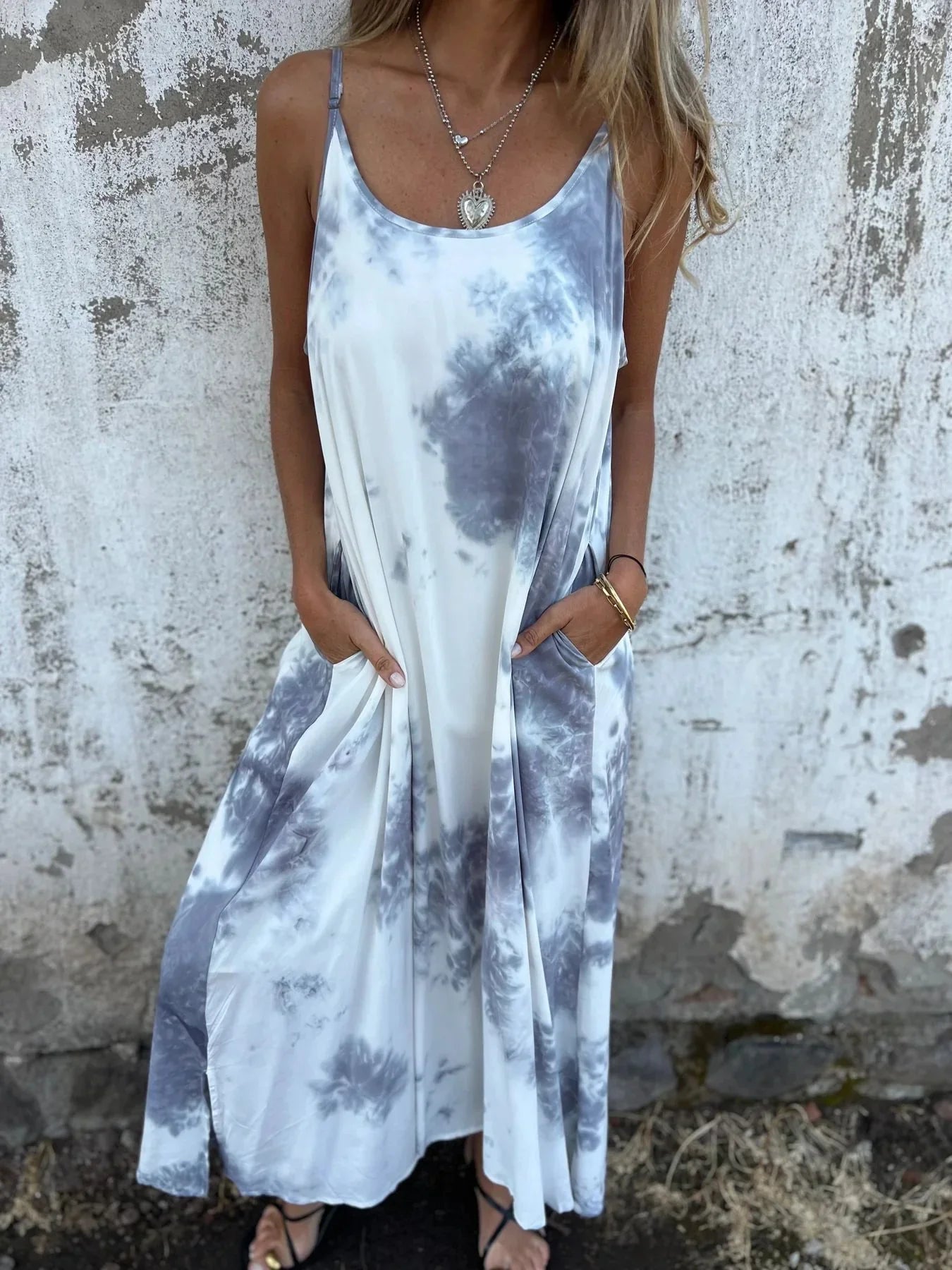 Robe longue femme – Coupe fluide – Bretelles réglables – Fibres naturelles – Poches