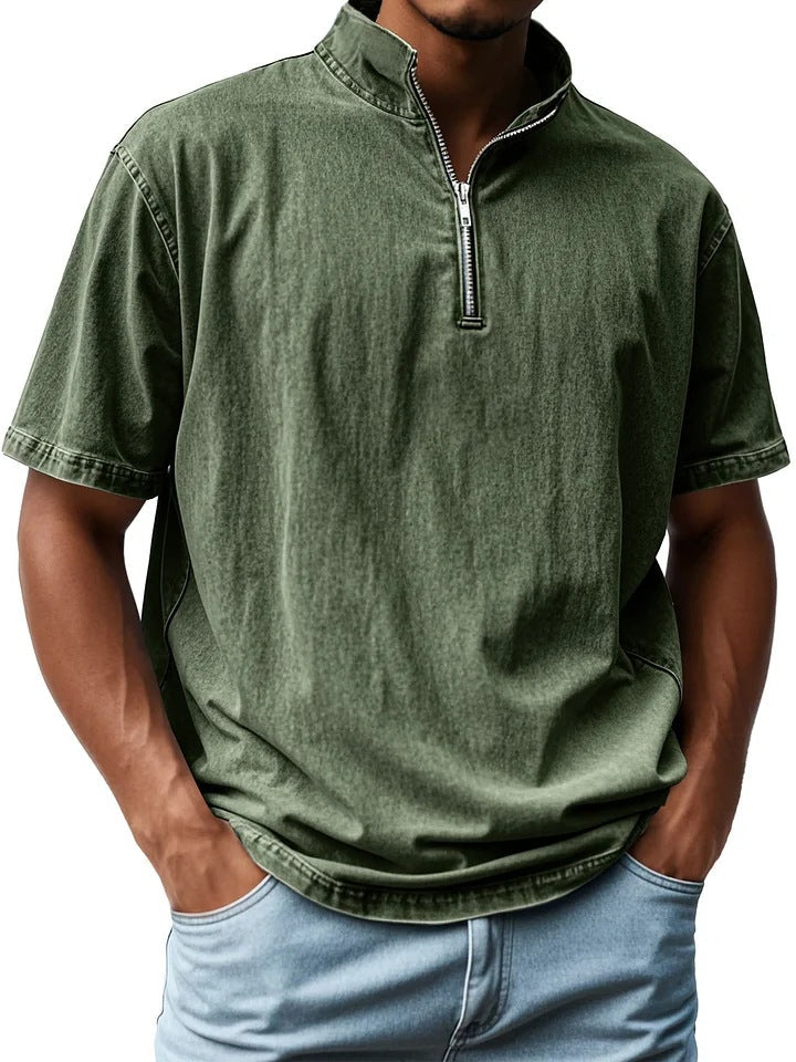 Chemise homme manches courtes – Coupe ajustée – Col montant – Fermeture zippée – Tissu respirant