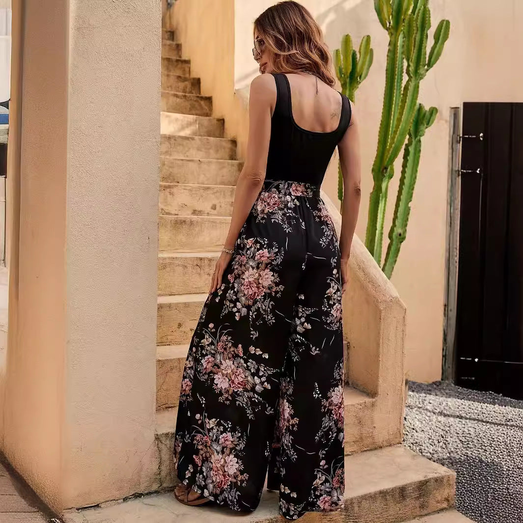 Combinaison femme – Sans manches – Imprimé fleuri – Coupe large – Taille ceinturée