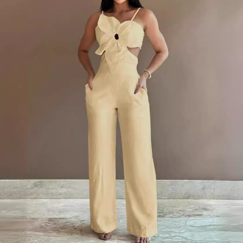 Combinaison pantalon femme – Dos nu – Tissu respirant – Jambes larges – Nœud devant