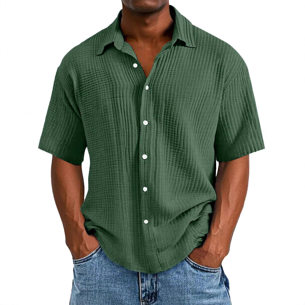 Chemise manches courtes homme – Coupe décontractée – Tissu froissé respirant – Col classique