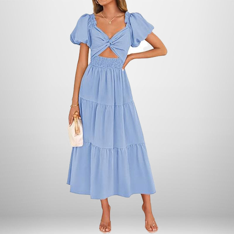 Robe longue femme – Tissu respirant – Col en V – Taille smockée – Jupe à volants