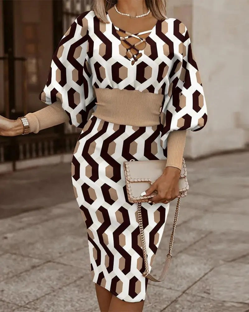 Robe moulante femme – Col cache-cœur – Manches longues – Taille cintrée – Motif à carreaux