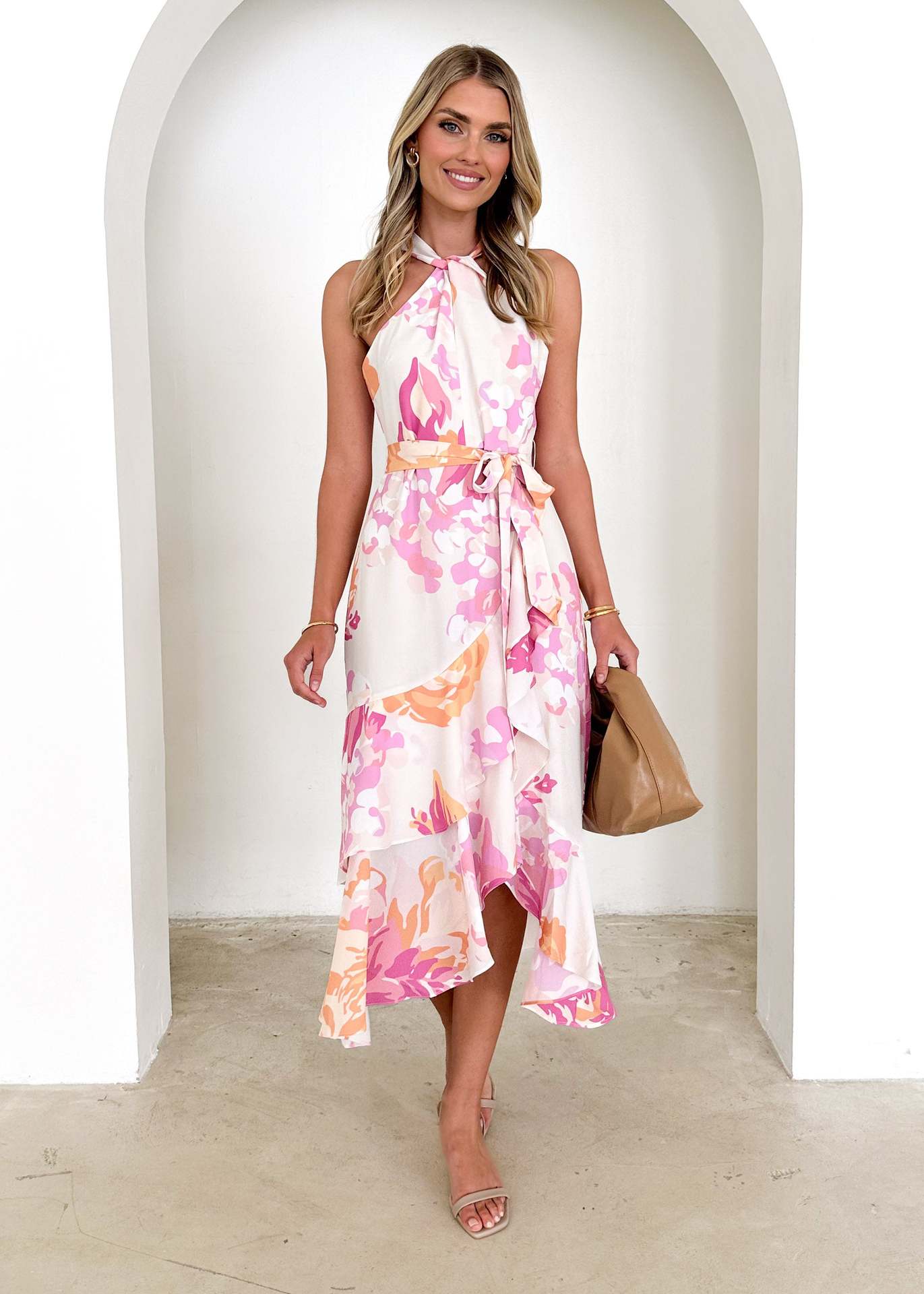 Robe Midi Femme – Coupe Ajustée – Col Halter – Imprimé Fleuri – Fente Latérale