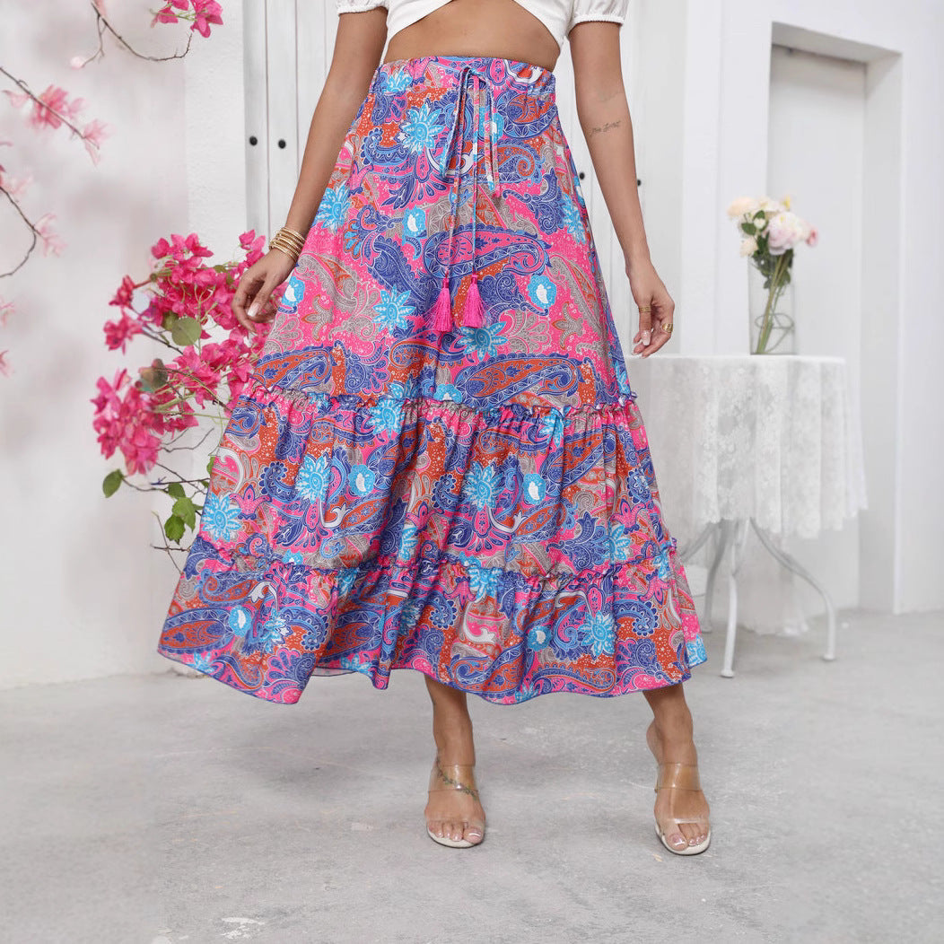 Jupe longue femme – Coupe fluide – Style bohème – Taille lien à pampilles – Coton