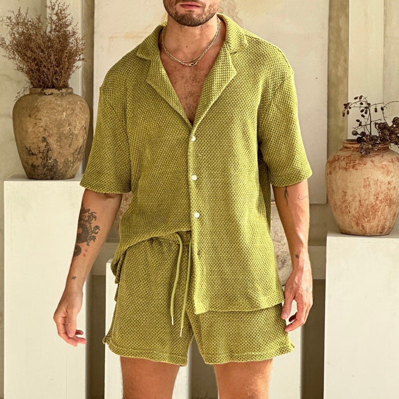 Ensemble Décontracté Homme – Chemise Boutonnée et Short Cordon – Coupe Ample Respirante