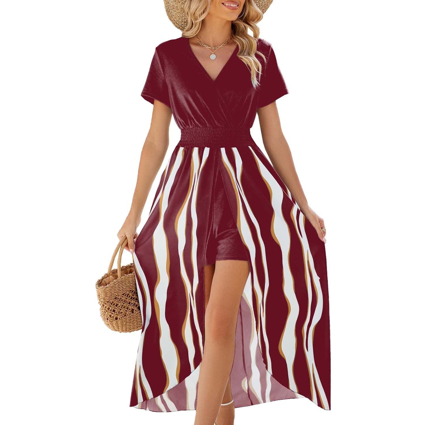 Robe longue femme – Encolure cache-cœur – Taille cintrée – Évasée fendue – Manches courtes