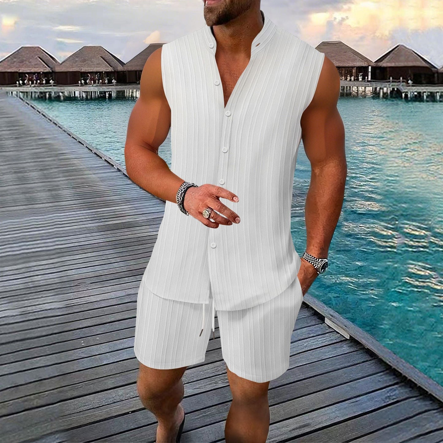 Ensemble chemise et short pour homme – Sans manches – Lin – Coupe décontractée – Col mandarin – Boutonné