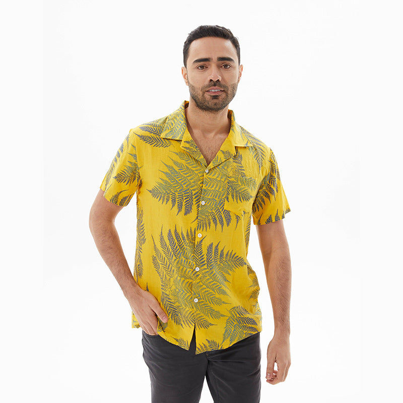 Chemise à manches courtes homme – Coupe décontractée – Tissu respirant – Motif feuillage