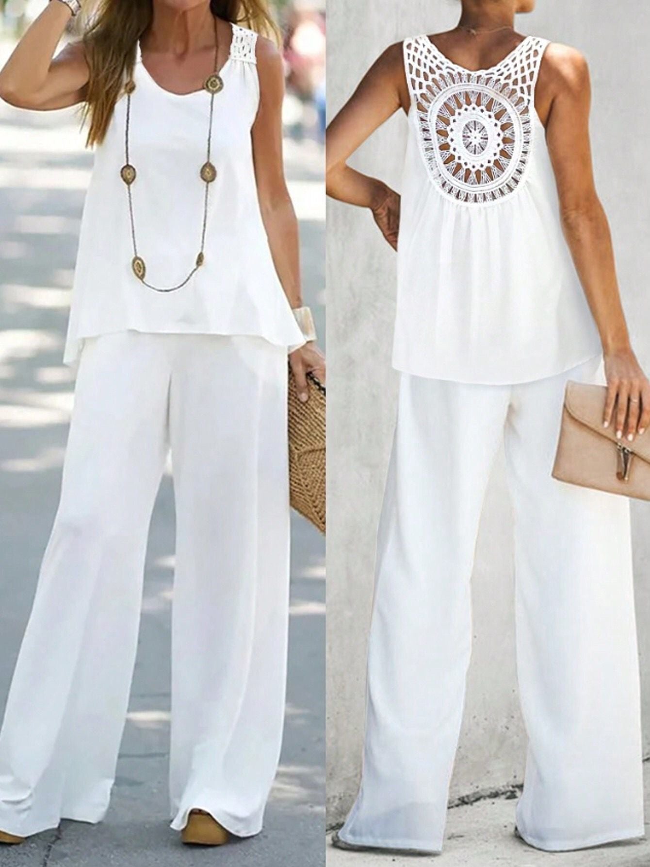 Ensemble femme deux pièces – Lin – Haut sans manches crochet – Pantalon large taille haute