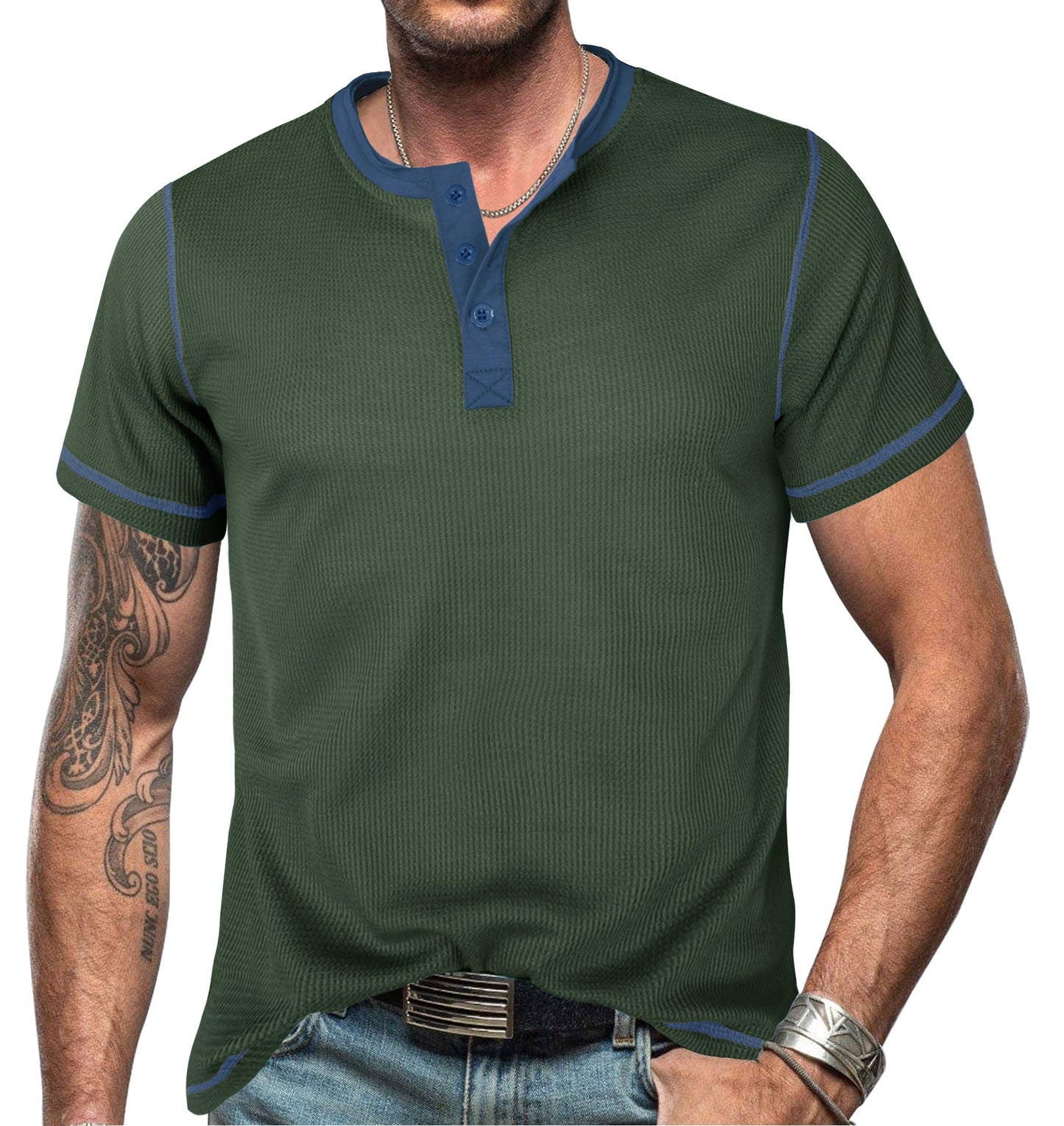 T-shirt Henley homme – Coupe slim – Coton – Manches courtes casual