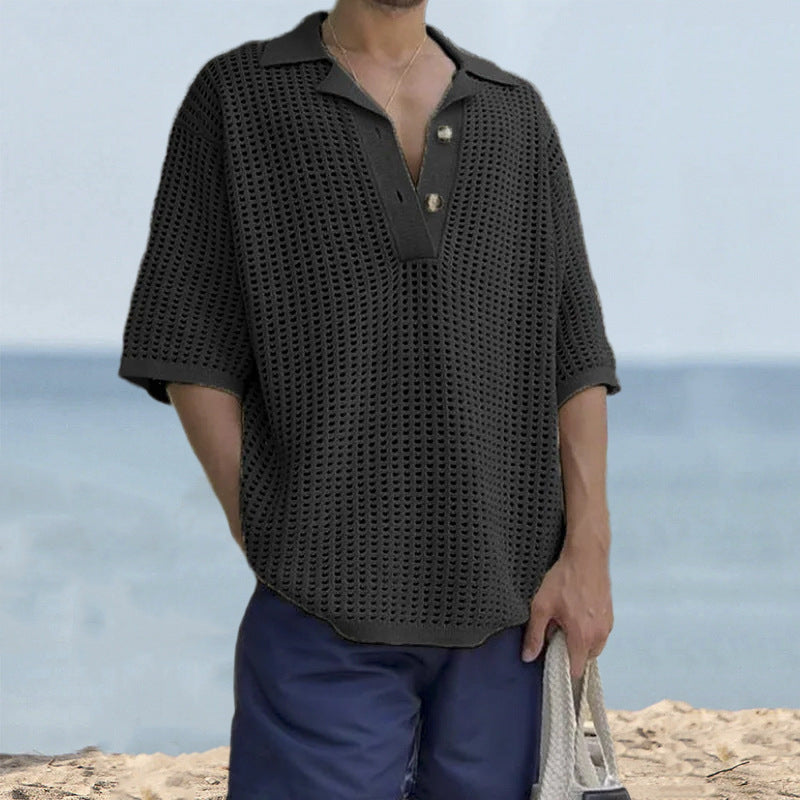 Pull homme – Maille aérée – Coupe oversize – Col à revers – Manches courtes