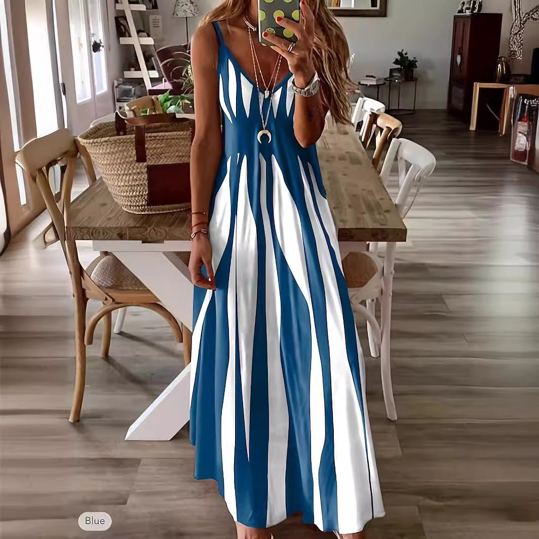 Robe longue femme – Décolleté en V – Bretelles réglables – Rayée – Coupe évasée fluide