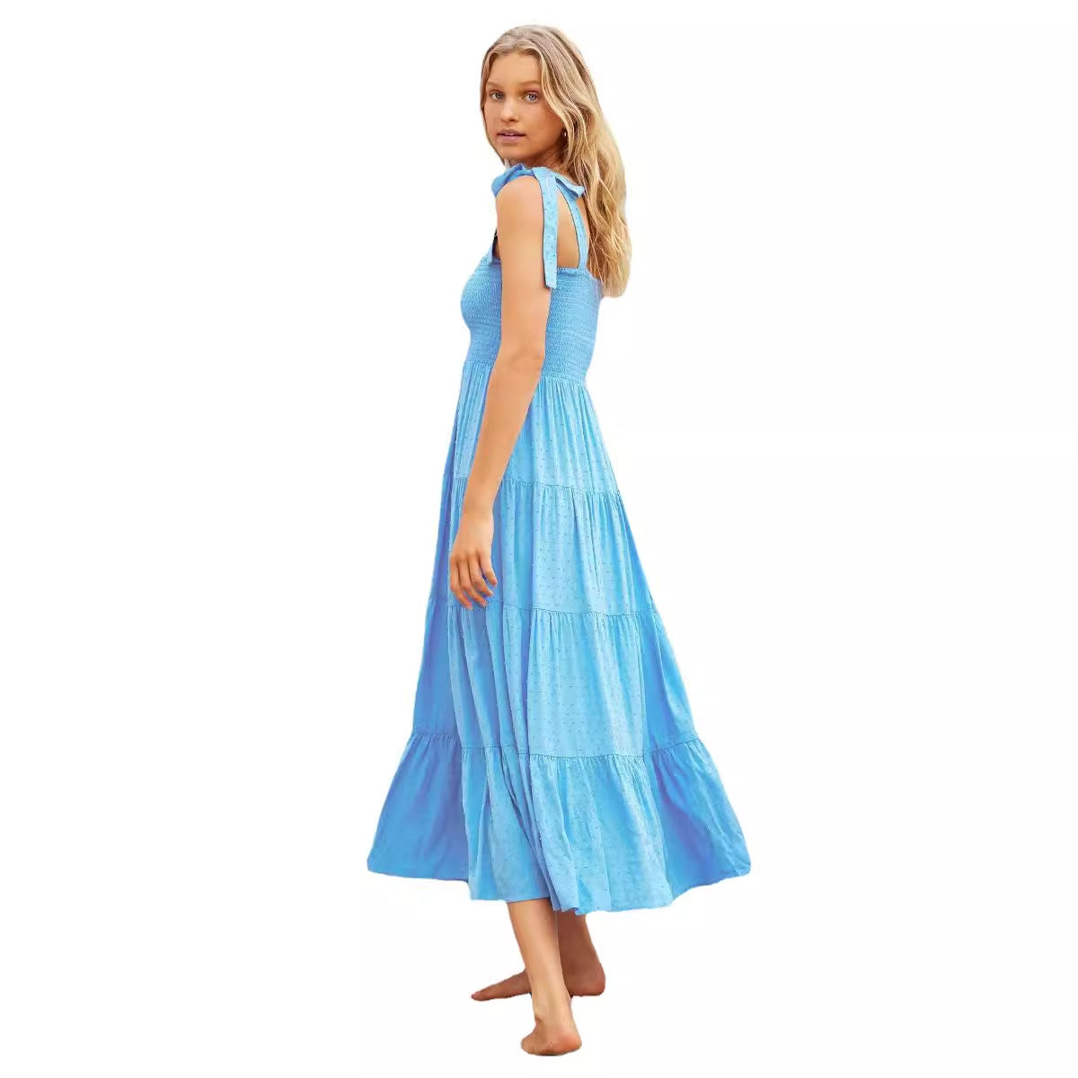 Robe midi femme – Coupe fluide – Bretelles réglables – Buste smocké – Jupe à volants