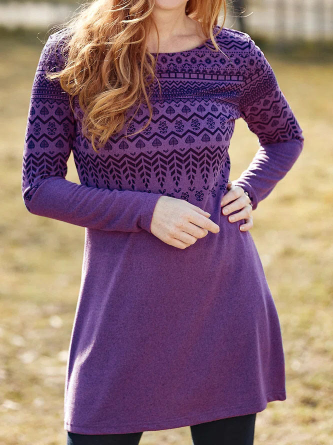 Robe femme – Coupe droite décontractée – Manches longues – Imprimé ethnique – Col rond