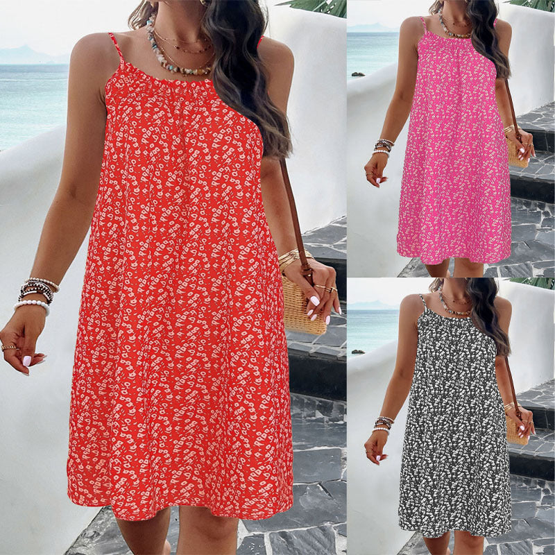 Robe trapèze femme – Bretelles fines – Imprimé fleuri – Coupe ample – Longueur genou