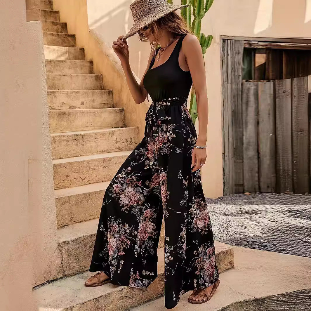 Combinaison femme – Sans manches – Imprimé fleuri – Coupe large – Taille ceinturée