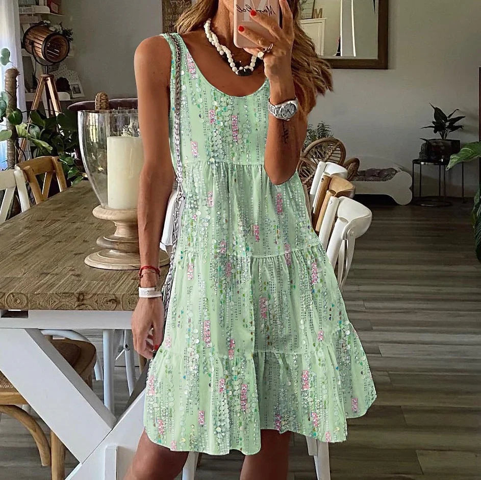 Robe femme – Coupe évasée – Coton respirant – Volants superposés – Sans manches