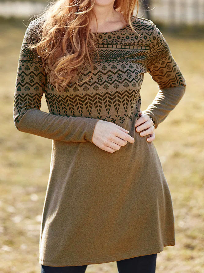 Robe femme – Coupe droite décontractée – Manches longues – Imprimé ethnique – Col rond