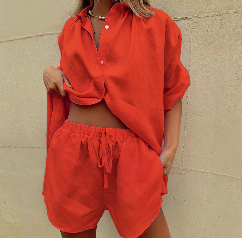 Ensemble Deux Pièces Femme – Lin Léger – Chemise Ample Boutonnée – Short Taille Haute