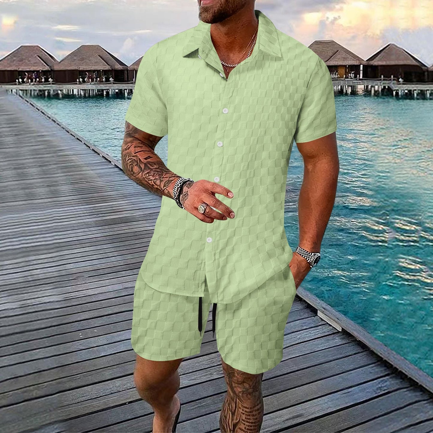 Ensemble homme deux pièces – Jacquard léger – Coupe décontractée – Chemise col à revers