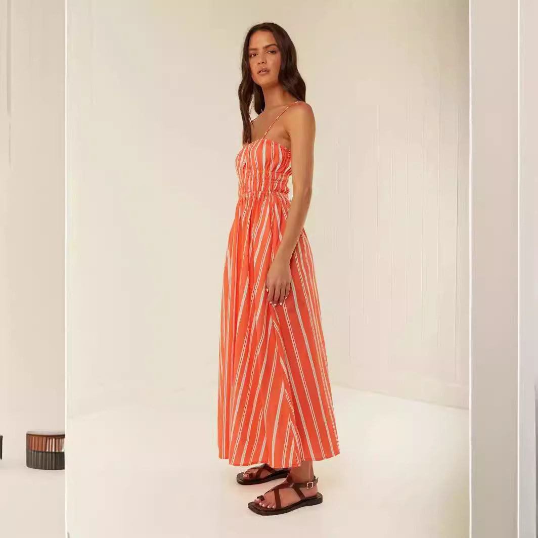 Robe Longue Femme – Épaules Dénudées – Bretelles Fines – Fronces – Coupe Fluide