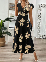 Robe longue femme – Coupe portefeuille – Tissu respirant – Motif floral élégant