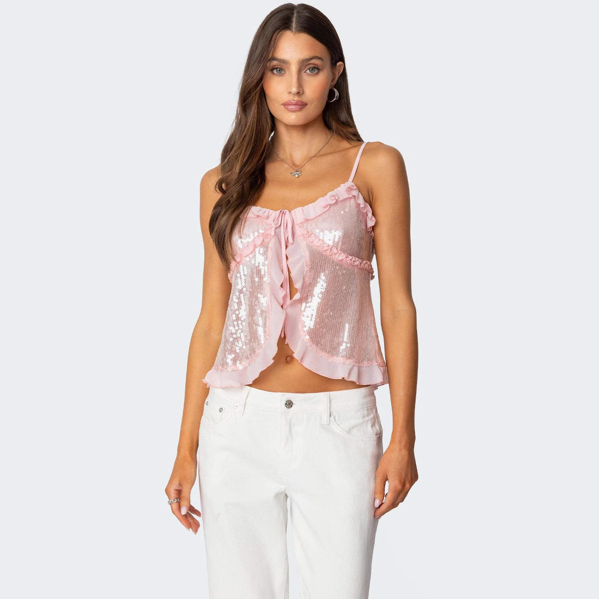 Top court femme – Coupe ajustée – Bretelles fines – Sequins – Volants – Nœud devant